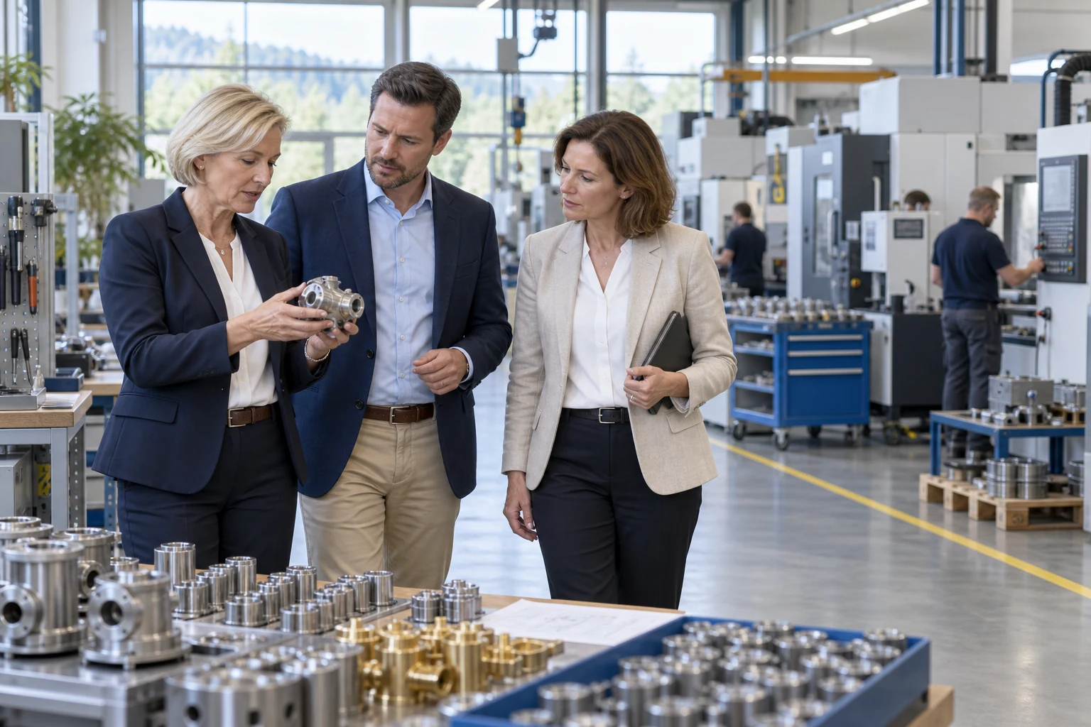 Unternehmerin, Kaufinteressent und Gesprächsbegleiterin in einem bayerischen Präzisionsbetrieb