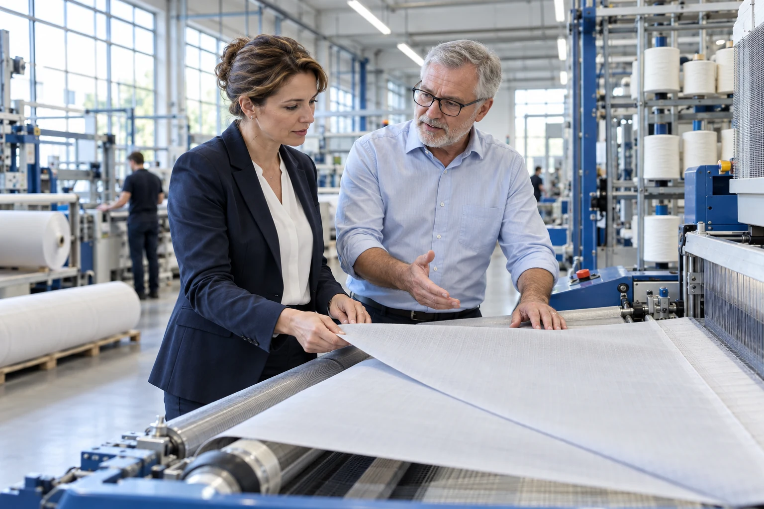 Kaufinteressentin und Eigentümer in einem bayerischen Betrieb für technische Textilien